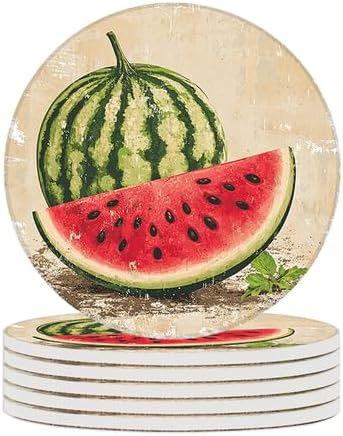 Ceramic Coasters Set of 6 Absorbent Stone Drink Coasters with Holder,Non-Slip Cork Backing,Retro Watermelon Coasters for Coffee Table,Desk & Home Decor