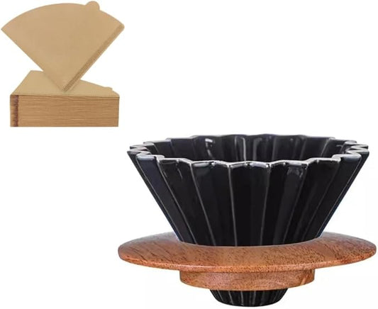 Ceramic Coffee Dripper,Pour Over Coffee Dripper with Wood Stand, Flower-shape for 1-2 Cups Slow Brewing Maker for Home Cafe,Includes Paper Filter Sheets (black)