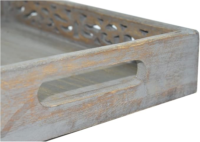 STORE INDYA Vintage Rustic Wooden Serving Trays with Handle - Set of 3 - Large, Medium and Small - Nesting Multipurpose Trays