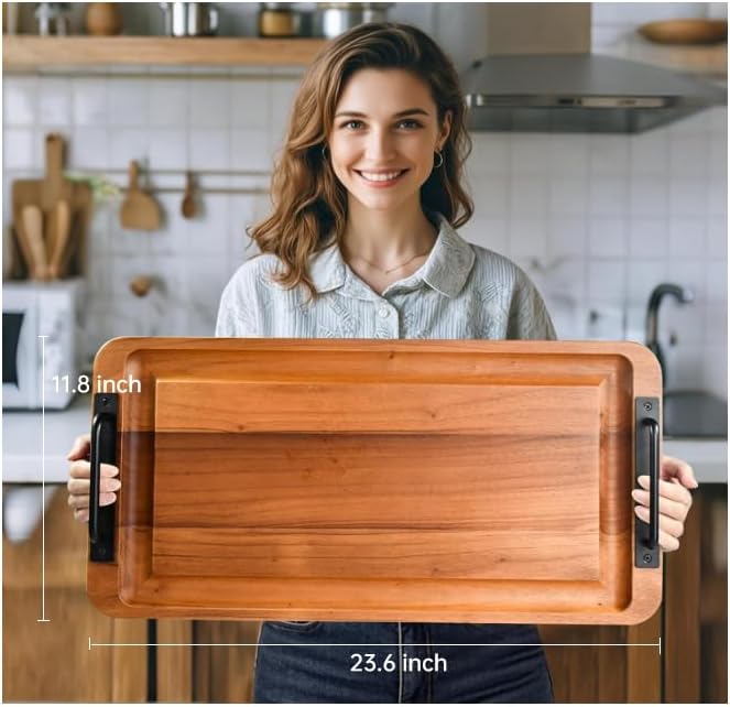 Large Wooden Charcuterie Boards with Handles, Extra Long Wood Serving Tray Platters,Rectangular BBQ Meat Cutting Cheese Board for Party Appetizers,Home & Outdoor 23.6x11.8x1.1”