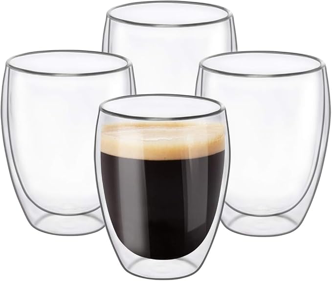 6.8OZ Double Wall Espresso Cups Set of 4, Clear Expresso Shots Cup, Double Wall Insulated Espresso Mugs, Tazas de Cafe Expreso, Microwave Dishwasher Safe,Suit for Espresso Machine