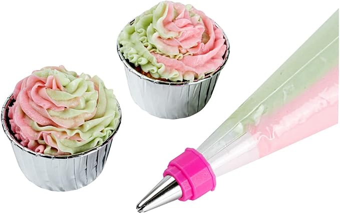 Restaurantware COUPLER ONLY: Pastry Tek 1.1 x 2.4 Inch Swirl Coupler 1 Durable Tip Coupler - Dual Tone Piping Bag Sold Separately Pink & White Plastic Icing Tip Coupler For 0.7 to 1 Inch Tips