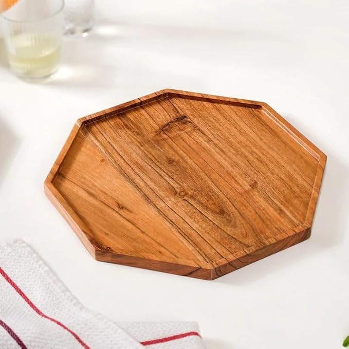Wooden Serving Tray for Kitchen and Home Decor | Acacia Wood Octagonal Serving Platter for Tea, Coffee, Snacks and Cake | Decorative Trays Resturnant and Cafe (Food Safe Oil Finish) (8 Inch)
