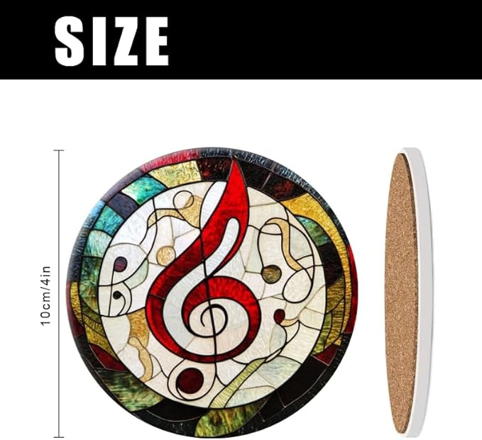 Round Ceramic Stone Cork Drink Coasters, Circular Composition of Musical Notes Absorbent Removable Non-Slip Cup Mat Place for Kitchen Counter Drinks Coffee Cup Tableware Set of 1 (4 * 4 Inch)