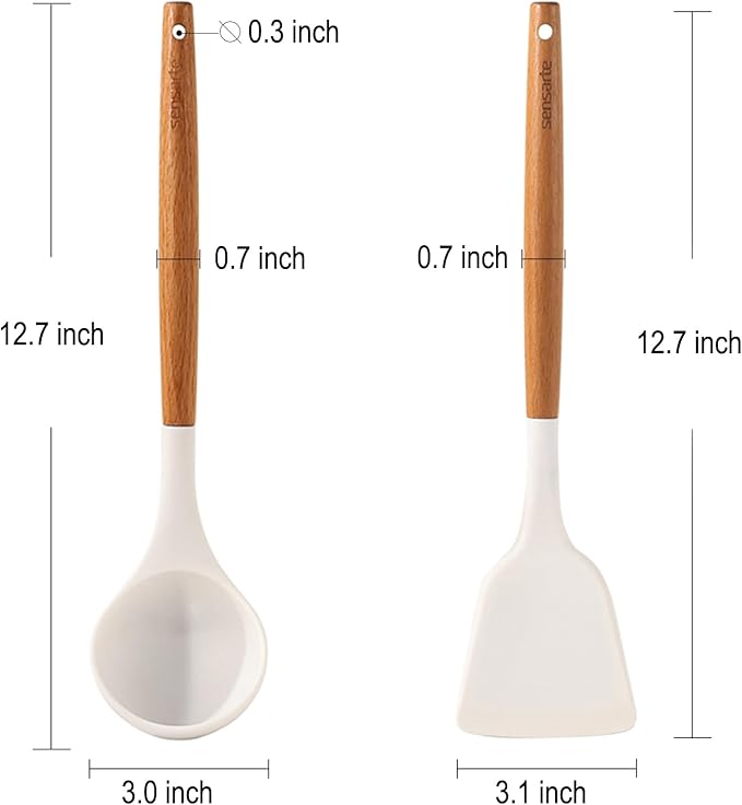 SENSARTE Kitchen Utensils 2-Piece, Silicone Cooking Utensils, Silicone Spatula and Ladle with Wooden Handle, White