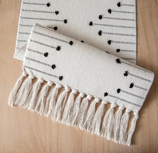 Table Runner 90 Inches Long, Boho Style with Handmade Tassels, 70% Cotton & 30% Linen, Modern Farmhouse Home Decor for Living Room (Beige Black, 12x90 Inch)