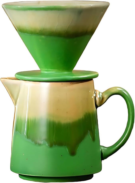 Ceramic Pour Over Coffee Dripper Vintage, Pour Over Coffee Maker Set, Filter Cup, Coffee Brewer Cone Filter, V60 Dripper & Decanter set, for Home Café Restaurant, 1-2 Cup (Gradient Green)