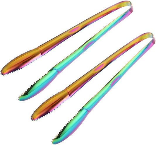 Stainless Steel Cooking Tongs for Frying, 9 Inches Serving Tongs Appetizers Charcuterie with Teeth for Parties, Food Tongs Kitchen Tongs for Nonstick Cookware, Set of 2 (Rainbow)