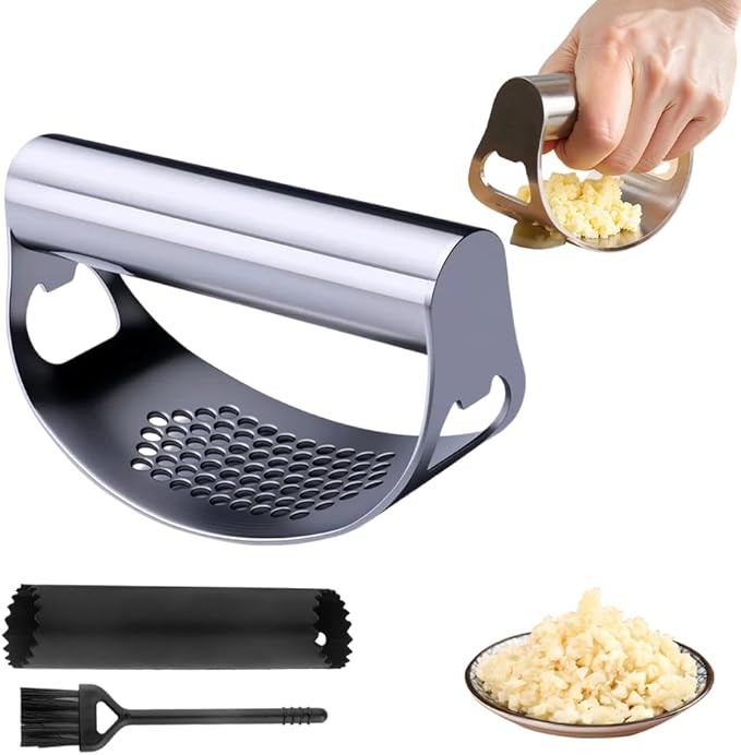 Stainless Steel Garlic Press Rocker, 2025 New Heavy Duty Gralic Crusher Tool with Peeler and Brush for Smash Garlic Built-in Bottle Opener - Easy Kitchen Gadget for Effortless Garlic Prep (1, black)