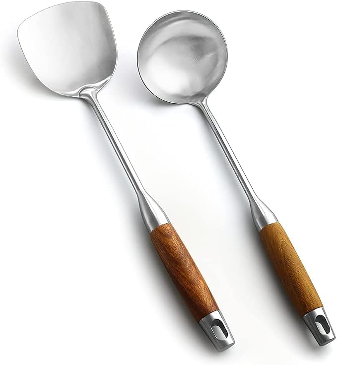 Wok Spatula & Ladle Tool Set, AOOSY 304 Stainless Steel Cooking Utensils, Wooden Handle Wok Utensils Soup Ladle, 15 Inches, Set of 2