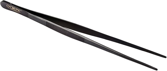 O'Creme 10 Inch Black Precision Stainless Steel Kitchen Tweezer Tongs with Serrated Tips for Gripping