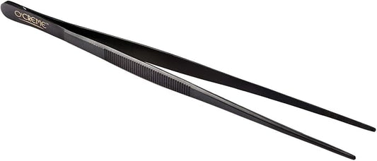 O'Creme Stainless Steel Precision Kitchen Culinary 8 Inch Tweezer Tongs (8" Straight, Black)