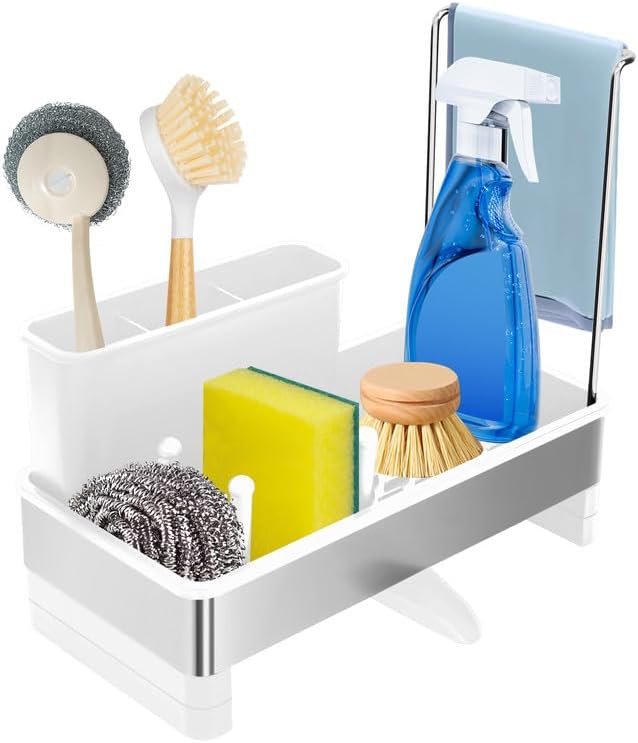 Kitchen Sink Caddy,Sponge Holder for Kitchen Sink with Dish Brush Holder, Auto Drain Tray, Sponge Drain Rack,Stainless Steel Sink Organizer Countertop，Sponge Soap(White)
