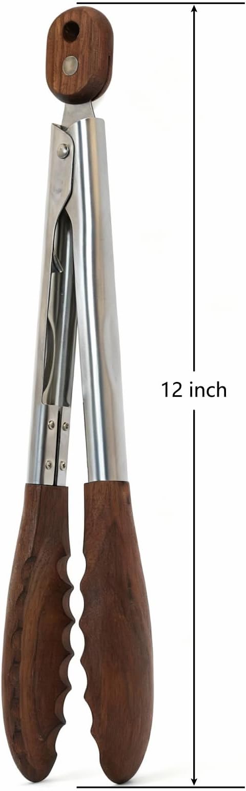 12 Inch Wooden Tip Cooking Tongs, Nonstick Safe Stainless Steel Kitchen Tongs for Salad Serving, Food Prep with Premium Branded Gift Box