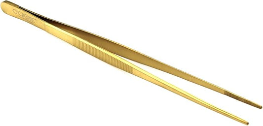 O'Creme 10 Inch Gold-Colored-Exterior Stainless Steel Precision Kitchen Tweezer Tongs with Serrated Tips for Gripping