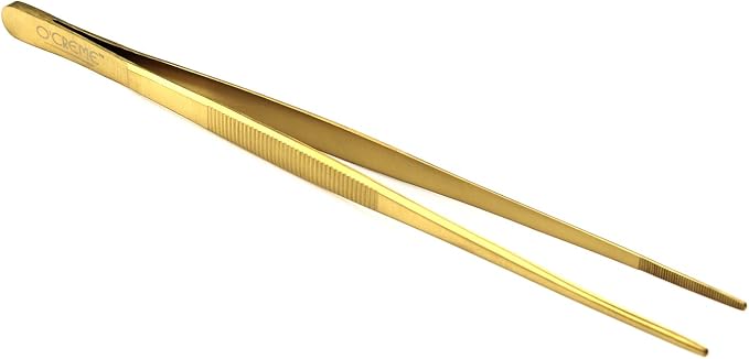 O'Creme Stainless Steel Precision Kitchen Culinary 8 Inch Tweezer Tongs (8" Straight, Gold)