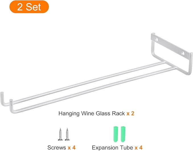uxcell 2Pcs Wine Glass Rack, 11.81 Inch Iron Wine Glasses Rack Under Cabinet Stemware Rack - Wall Mountable Wine Glass Holder Storage Hanger for Bars Coffee Restaurants Kitchens, Silver