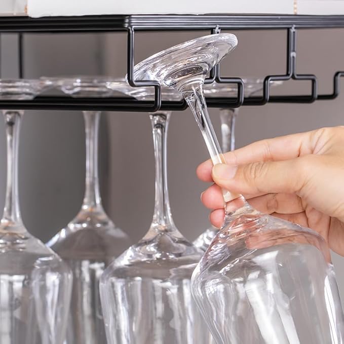 Wine Cup Holder Table Decoration Storage Hanger Metal Organizer for Bar Kitchen Stemware Rack Under Cabinet Stainless Steel Hanger Storage Shelf Black (Black, 3 Rows 1 Pack)