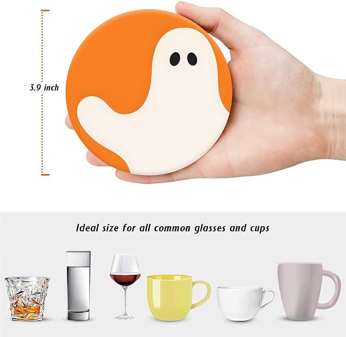 Drink Coasters for Drinks Set of 6, Green Black Orange Halloween Absorbent Round Ceramic Stone Mat Coaster, with Cork Base and Metal Holder, Home Bar Decor House Warming Gift