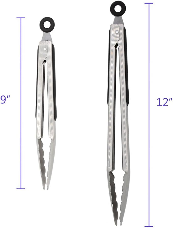 304 Stainless Steel Kitchen Cooking Tongs, 9" and 12" Set of 2 Sturdy Grilling Barbeque Brushed Locking Food Tongs with Ergonomic Grip, Black (Pack of 2)