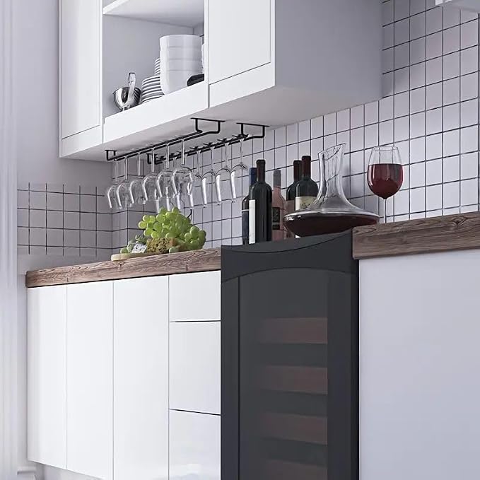 2 Pack Black Wine Glass Rack, 14 Inch Under Cabinet Stemware Holder, Wall Mounted Iron Wine Glass Hanging Rack for Shelf, Kitchen, Bar, Wine Cellar Storage, Organizer, Display