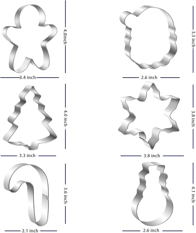 Large Christmas Cookie Cutters Set, 6 Pcs Large Holiday Cookie Cutters Shapes - Christmas Tree, Snowman, Gingerbread Man, Snowflake, Candy Cane, Santa Face Stainless Steel Holiday Cookies Molds
