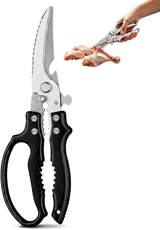 Heavy Duty Poultry Shears, Stainless Steel Kitchen Scissors, Multi-Purpose Kitchen Shears for Bone, Meat, Chicken, Fish, Turkey, Vegetables, Dishwasher Safe (Black)