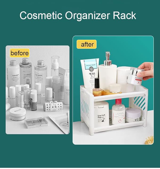 2 Tier Plastic Countertop Shelf Organizer Storage Rack, Multifunction Pantry Storage Organizer Kitchen Spice Rack Bathroom Tabletop Shelf Organizer (White)