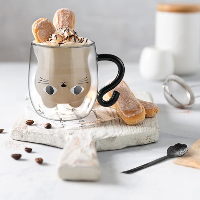 ecooe Cute Cat Mug Glass Coffee Cup 9.8oz Double Walled Glass Mug Cappuccino Latte Glass Cup with Handle Spoon, Milk Tea Cat Cup Birthday Christmas Valentine's Day Gifts for Women Girls Kids Friends