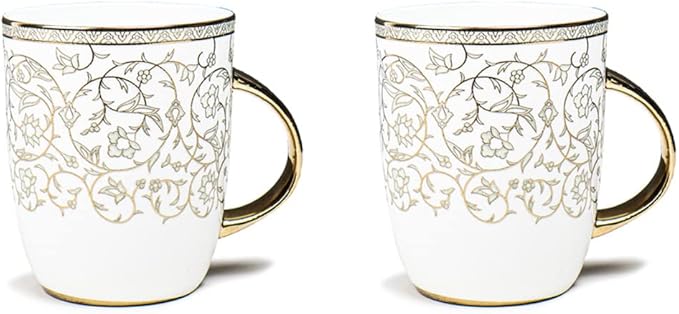 Femora Ceramic Coffee Mugs Indian Golden Disign Set of 2, 10 oz, Cappuccino Cups, Porcelain Tea Set, Latte Cups, Espresso Mugs