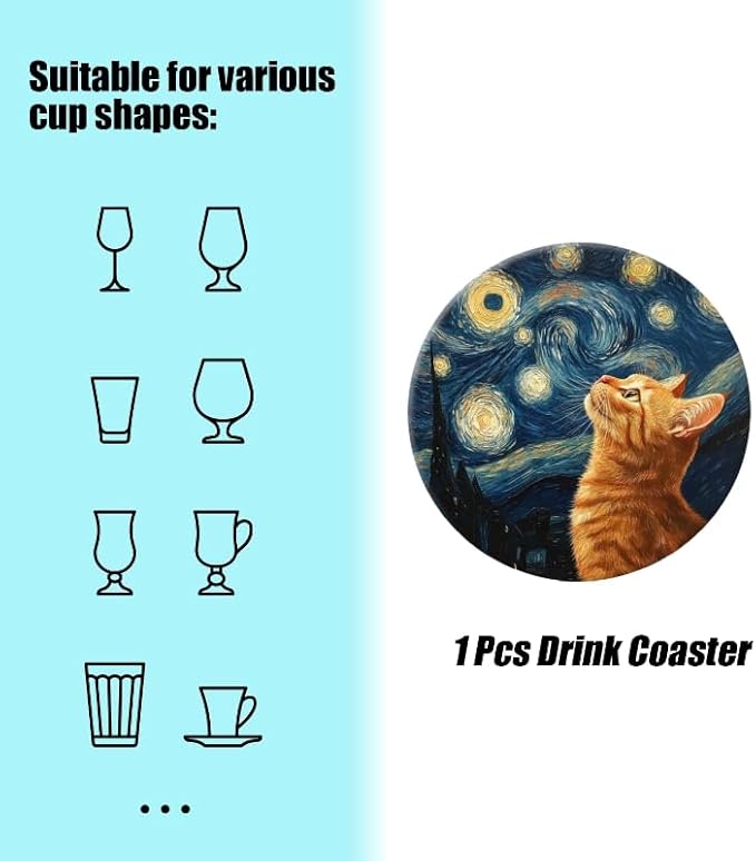 Ceramic Stone Cork Coasters for Drinks Tableware, Orange Cat Gazing at Starry Night Round Absorbent Durable Aesthetic Art Cup Mat Protects Tables and Surfaces Set of 1 (4 * 4 Inch)