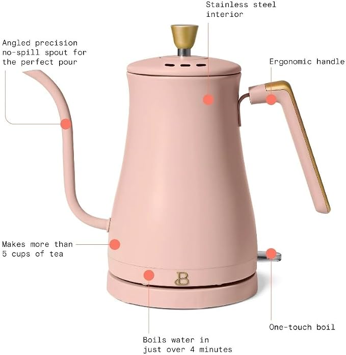 Beautiful Electric Gooseneck Kettle, 1 Liter, 1200W, Stainless Steel Interior, Fast Boil, Precision Pour Spout, Auto Shut-Off & Boil-Dry Protection (Pink)