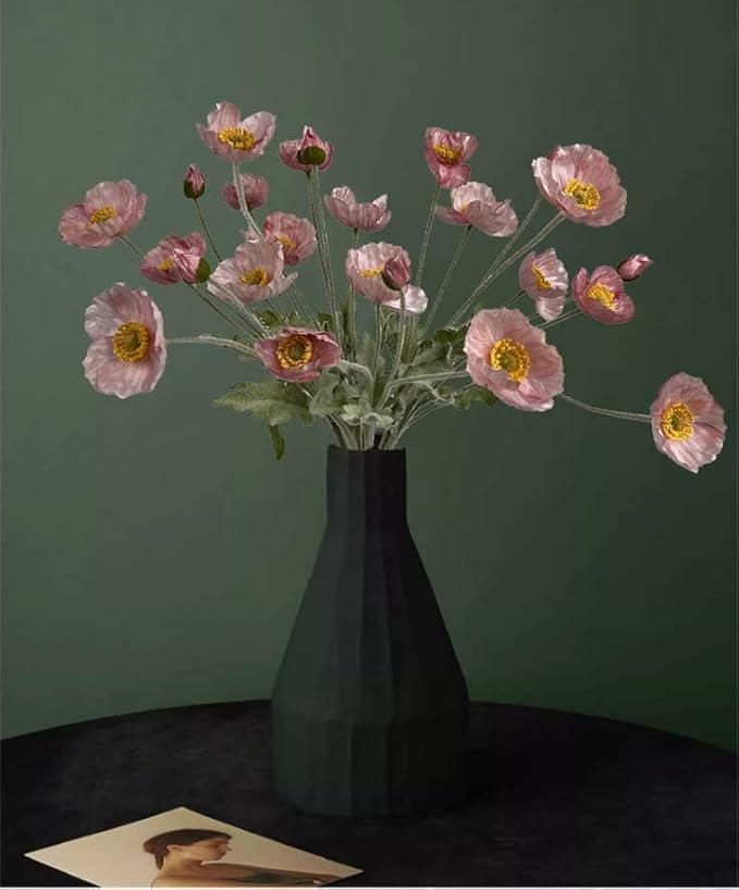 Set of 6 Poppies Flowers Artificial Silk Flowers with Long Stems Faux Wildflowers Bouquet for Vases Oil Pastel Style for Wedding Party Indoor Home Office Decor (Opal Pink)