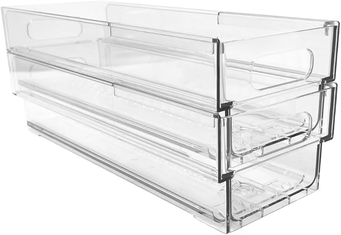 Isaac Jacobs 2-Pack Clear Expandable Storage Bins - Extra Small, 11"-19" L x 3.9" W x 3.1" H, Plastic Organizer with Cut-Out Handles, Adjustable Length from 11-19" for Home, Kitchen & Office
