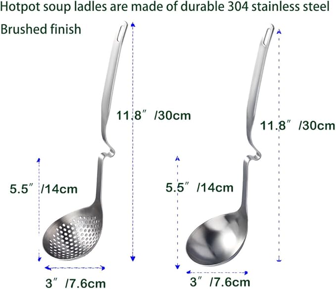 304 Stainless Steel Soup Ladle Hot Pot Ladle Strainer Scoops Set for Cooking, Serving, Soups, Sauces, Stews and More, Silver, 12-Inch (2 Pieces)