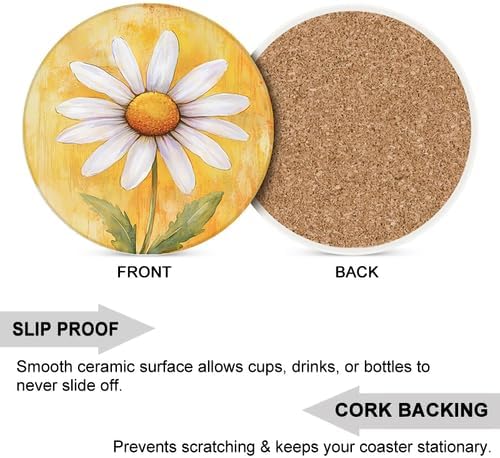 Ceramic Coasters Set of 4 Absorbent Stone Drink Coasters with Holder,Non-Slip Cork Backing,Beautiful Daisy Coasters for Coffee Table,Desk & Home Decor
