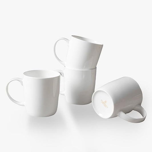 Small Bone China Mug Set (10 oz, Set of 4) – White Luxury Fine Porcelain Mugs for Tea, Coffee, Latte Art, Barista Use, Elegant Gifting