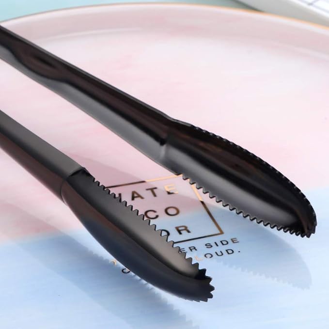 Stainless Steel Cooking Tongs for Frying, 9 Inches Serving Tongs Appetizers Charcuterie with Teeth for Parties, Food Tongs Kitchen Tongs for Nonstick Cookware, Set of 2 (Black)