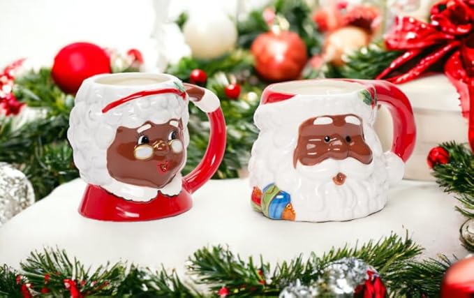 Fine Ceramic Christmas Holidays African American Mr. & Mrs. Santa Claus Mug Set of 2 (2 Pieces Set), 5-3/4'' L, Red, White, Brown, 5.75'' * 4.25'' * 4'', 5.50'' * 4'' * 4.25''