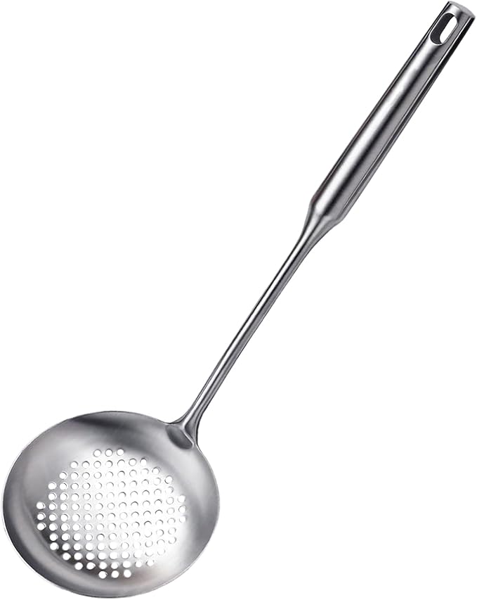 Slotted Spoon, Stainless Steel Strainer Metal Skimmer Spoon for Cooking, Long Handle Food Strainer, Kitchen Utensil Large Fryer Scoop with Holes for Draining Stirring Serving Frying