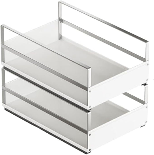 Pull Out Cabinet Organizer with Adhesive Nano Film, Heavy Duty Slide Out Pantry Shelves Drawer Storage, Under Sink Organizers for Bathroom, Kitchen (White,Stackable-11”W x 16.54”Dx 12.6”H)