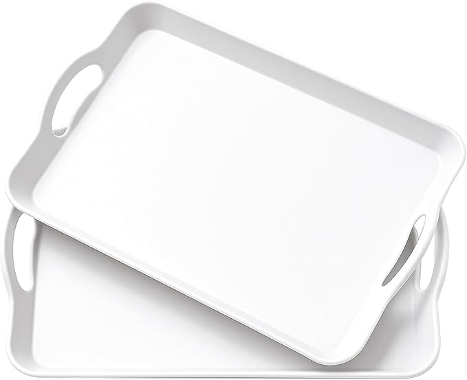 Set of 2 Large White Melamine Serving Tray with Handles, Rectangular Outdoor Dinner Tray Plastic Fruit Serving Platters Trays for Eating, Appetizer, Charcuterie, Snack, Fruit, Desserts, Food Parties