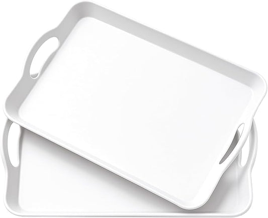 Set of 2 Large White Melamine Serving Tray with Handles, Rectangular Outdoor Dinner Tray Plastic Fruit Serving Platters Trays for Eating, Appetizer, Charcuterie, Snack, Fruit, Desserts, Food Parties