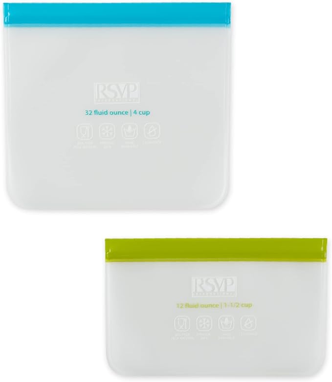 RSVP International Reusable Food Storage Collection ECO Seal Bags, Press-N-Seal, Blue/Green
