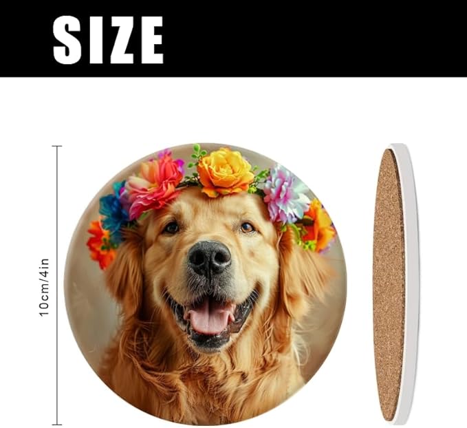 1 Pcs Coffee Cup Coasters for Drinks, Smiling Golden Retriever with Colorful Flower Round Absorbent Non-Slip Ceramic Stone Cork Coasters for Kitchen Office Decoration Bar (4 * 4 Inch)