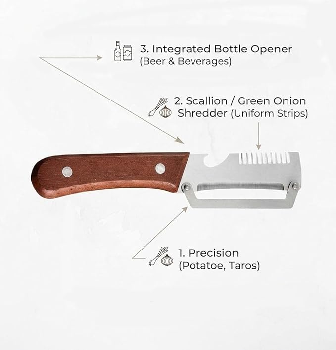 2-Pack Multifunctional Vegetable Peeler, 3 in 1 Kitchen Peeler with Wooden Handle, Grater & Bottle Opener for Potato, Carrot, Apple, Fruit & Vegetable (3 in 1)