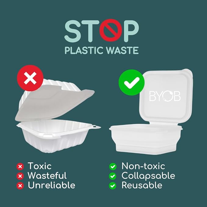 BYOB Collapsible Silicone Food Containers with Attached Lids – Reusable To-Go & Leftover Containers, Platinum Silicone, Leak-Resistant – 2 Pack (White Containers)