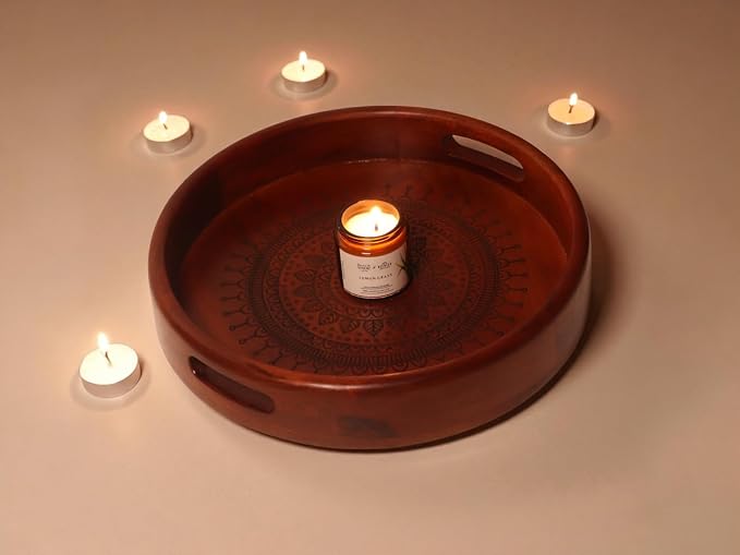 Vesta Homes Set of 2 Aurelia Premium Wood Round Serving Tray for Home/Kitchen/Restaurant/Office Organizer/Dining Table|Premium Wooden Trays|35.5 X 35.5 ; 30.5 x 30.5 cm | Handcrafted in India