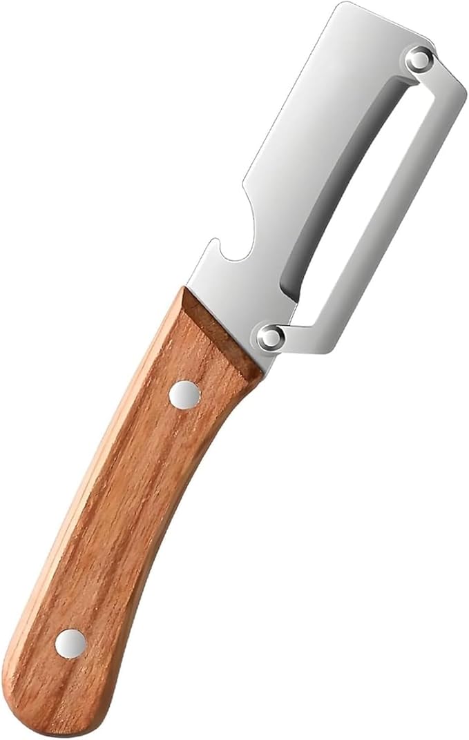 Multifunctional Vegetable Peeler with Wooden Handle, 2-in-1 Stainless Steel Peeler with Built-in Bottle Opener, Ergonomic Peelers for Kitchen, Sharp Vegetable Peeler for Potato, Carrot & Fruit(1)