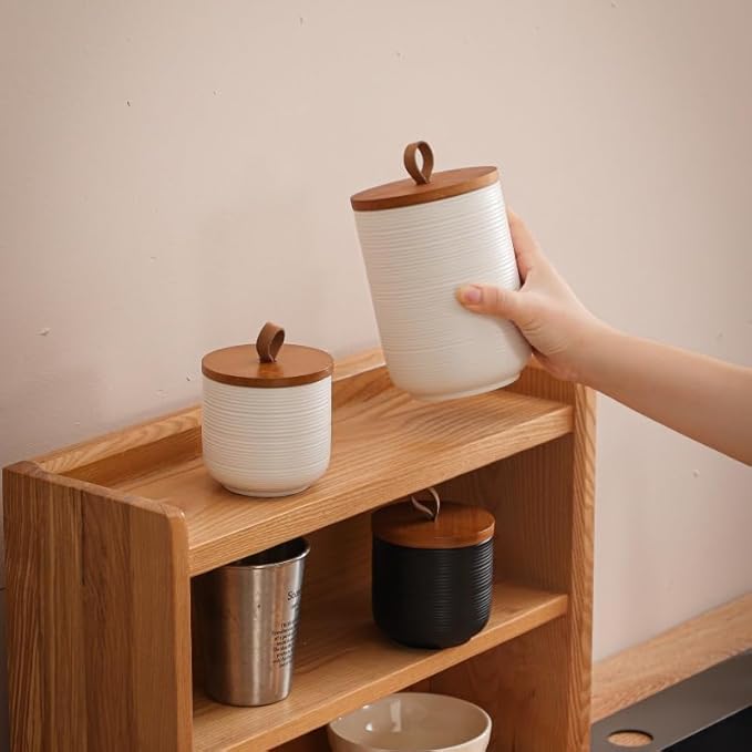 Food Storage Jar Strong Ceramic Storage Canisters with Airtight Wooden Lid,Kitchen Storage Containers for Serving Coffee Beans, Tea, Sugar, Salt, Spices (White three-piece suit)